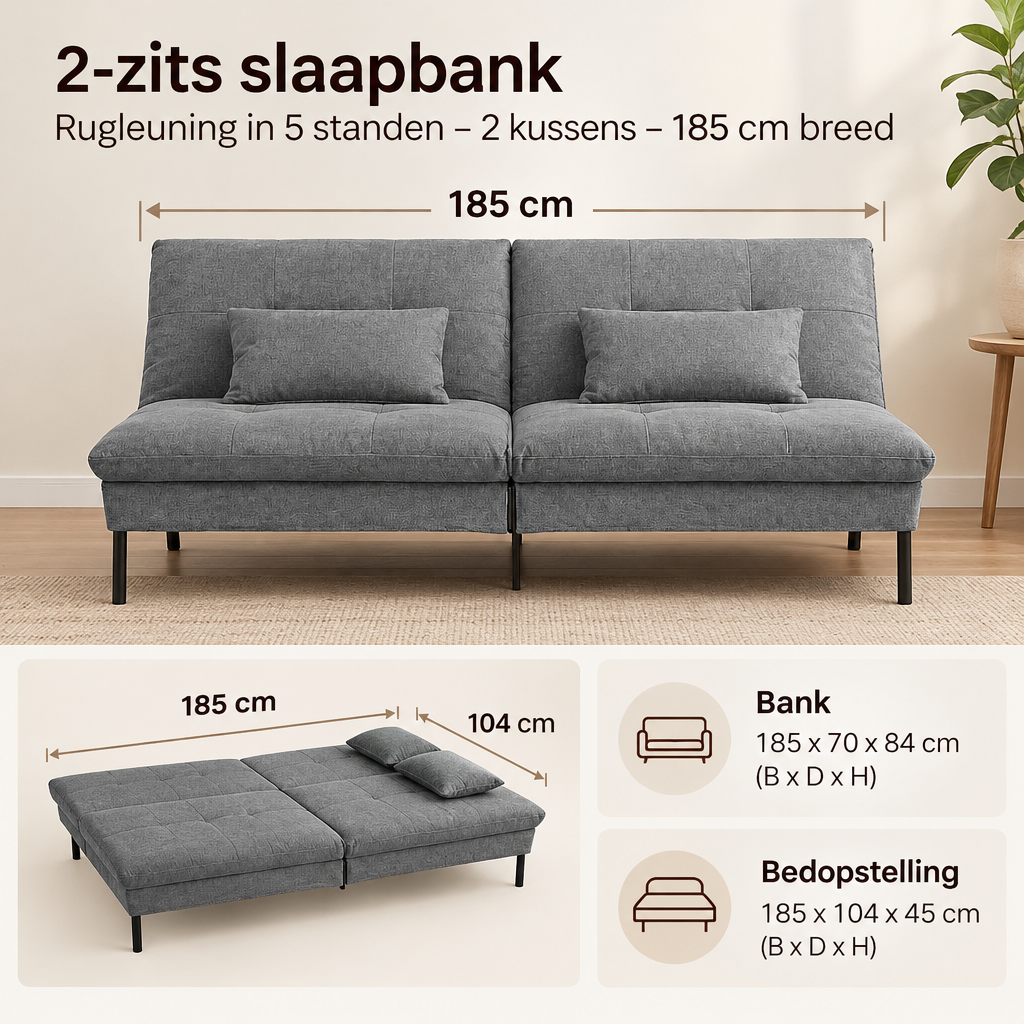 Afmetingen en productspecificaties van 2-zits slaapbank