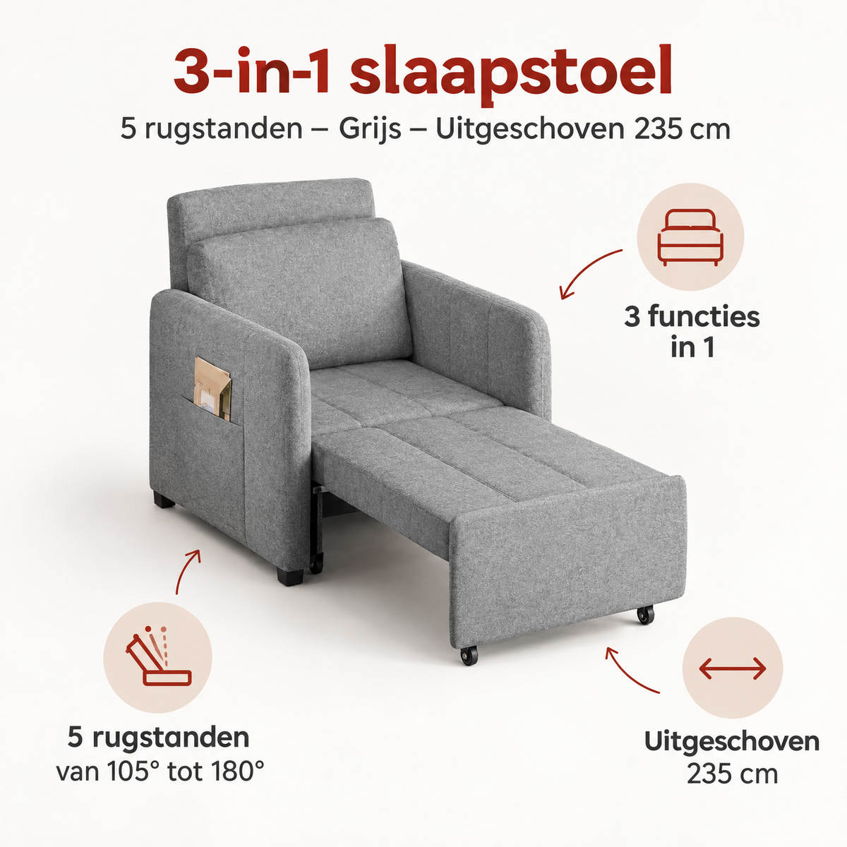 Grijze 3-in-1 slaapstoel van BukkitBow met 5 rugstanden, volledig uitgeschoven tot 235 cm, ideaal voor ontspanning en slapen
