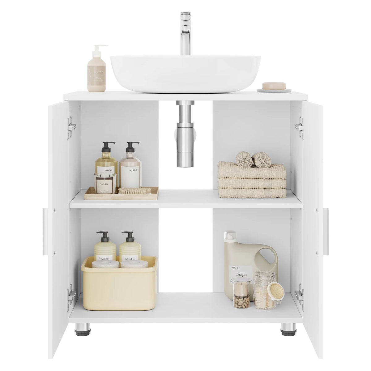 EUGAD White Bathroom Cabinet Under Sink 60x60x30cm Storage Cupboard with 2 Doors Shelves Vanity Unit with Adjustable Divider