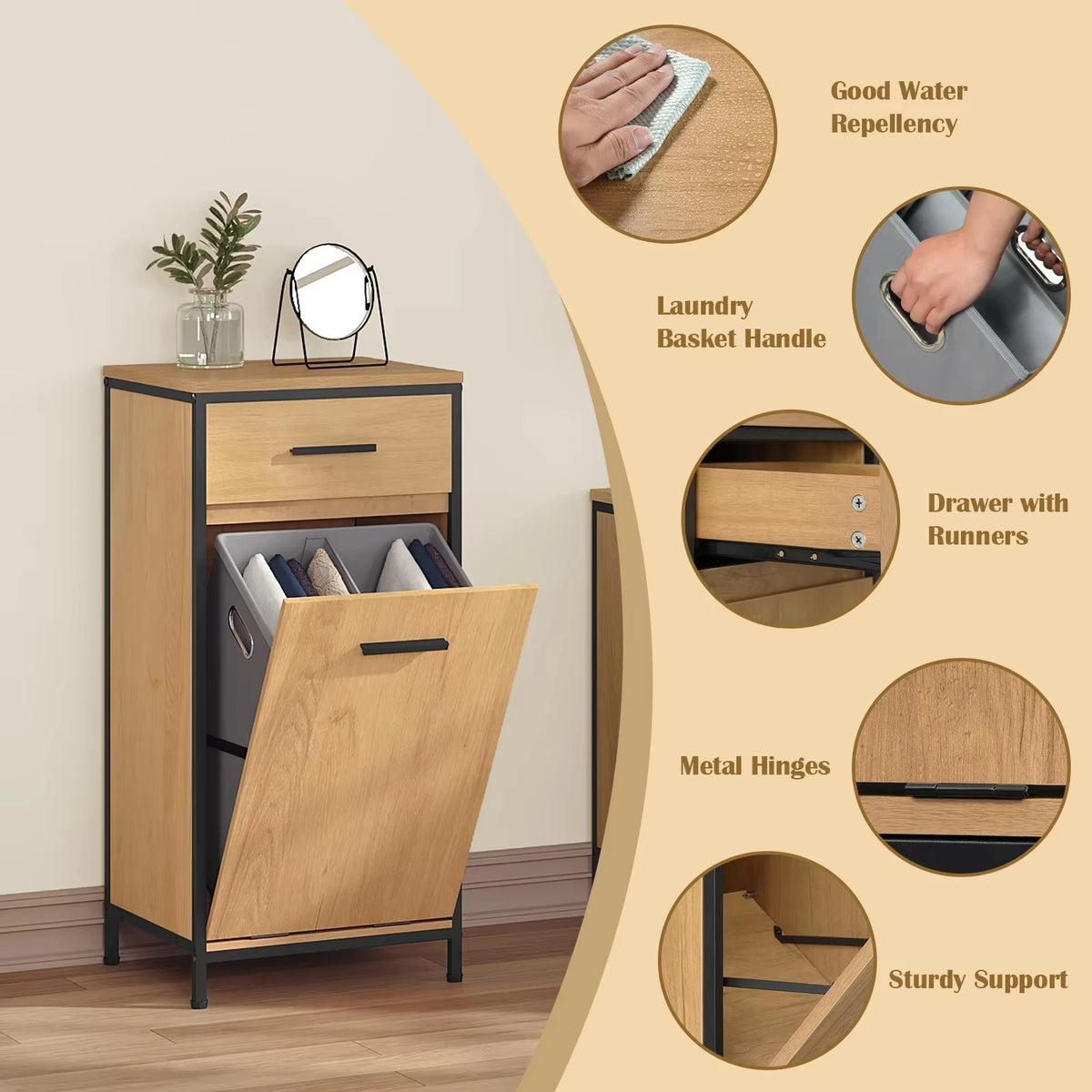 EUGAD Bathroom Cabinet 38x80x34cm Narrow Toilet Side Cabinet with 2 Drawers Foldable Laundry Bag Laundry Cupboard Bathroom Organizers