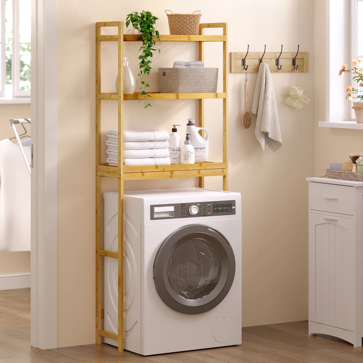 EUGAD Bamboo Bathroom Shelf Washing Machine Unit Over Toilet Shelf with 3 Adjustable Shelves Narrow Bathroom Cabinet for Bathroom Laundry Room