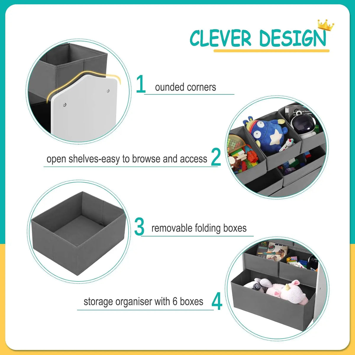 EUGAD 3 Tier Kids Room Storage Cabinet with 6 Removable Nonwoven Toy Boxes 63x30x60cm Nursery Shelf Toy Organiser for Daycare School