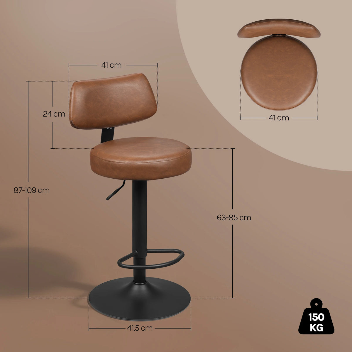 WOLTU 2PCS Kitchen High Stools Height Adjustable Counter Stools 360° Rotatable Bar Stools with Backrest and Footrest Stools for Kitchen Bar Restaurant