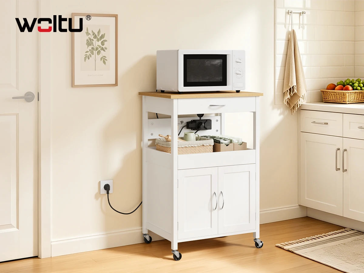 WOLTU Kitchen Trolley with Sockets Kitchen Island with Worktop and 2 Doors Sideboard on Rollers for Dining Room Kitchen Carts 60x92x45cm