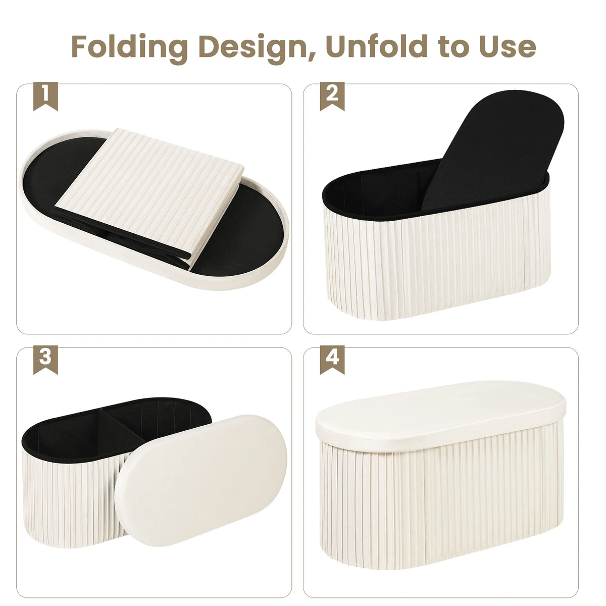 WOLTU Velvet Footstool Round Ottoman MDF Foldable Storage Stool with Creative Storage Box Removable Padded Lid for Living Room