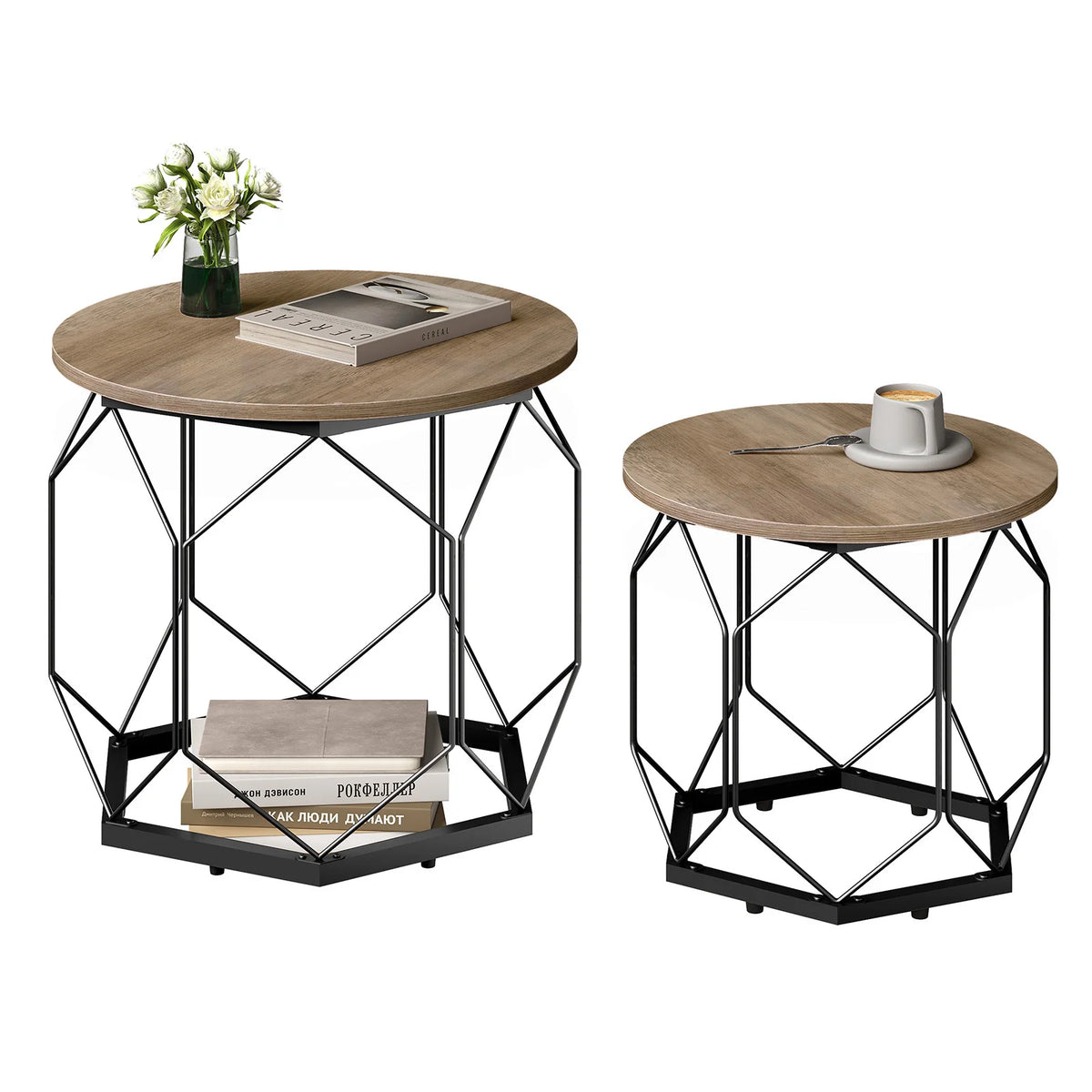WOLTU 2PCS Round Coffee Tables Living Room Table Modern Side Table with Storage Space Metal Frame Wood Sofa Table for Apartment