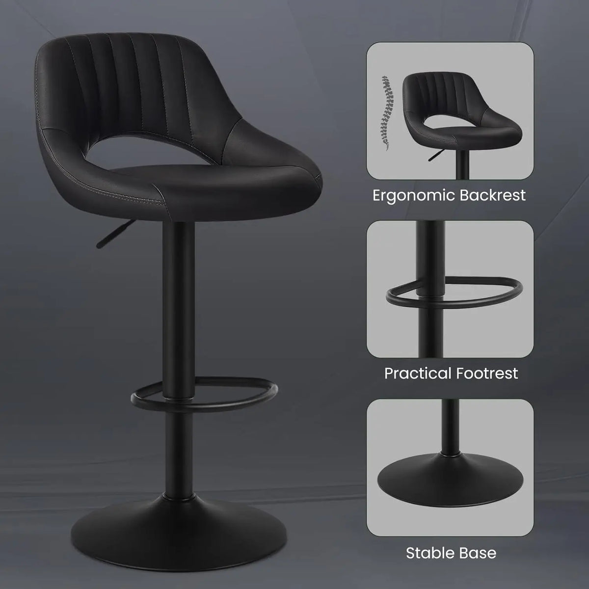 Eugad 2PCs/SET Height-Adjustable Faux Leather Bar Stools with Backrest 360° Rotatable Swivel Lifting Kitchen Bistro Stool Home Decor