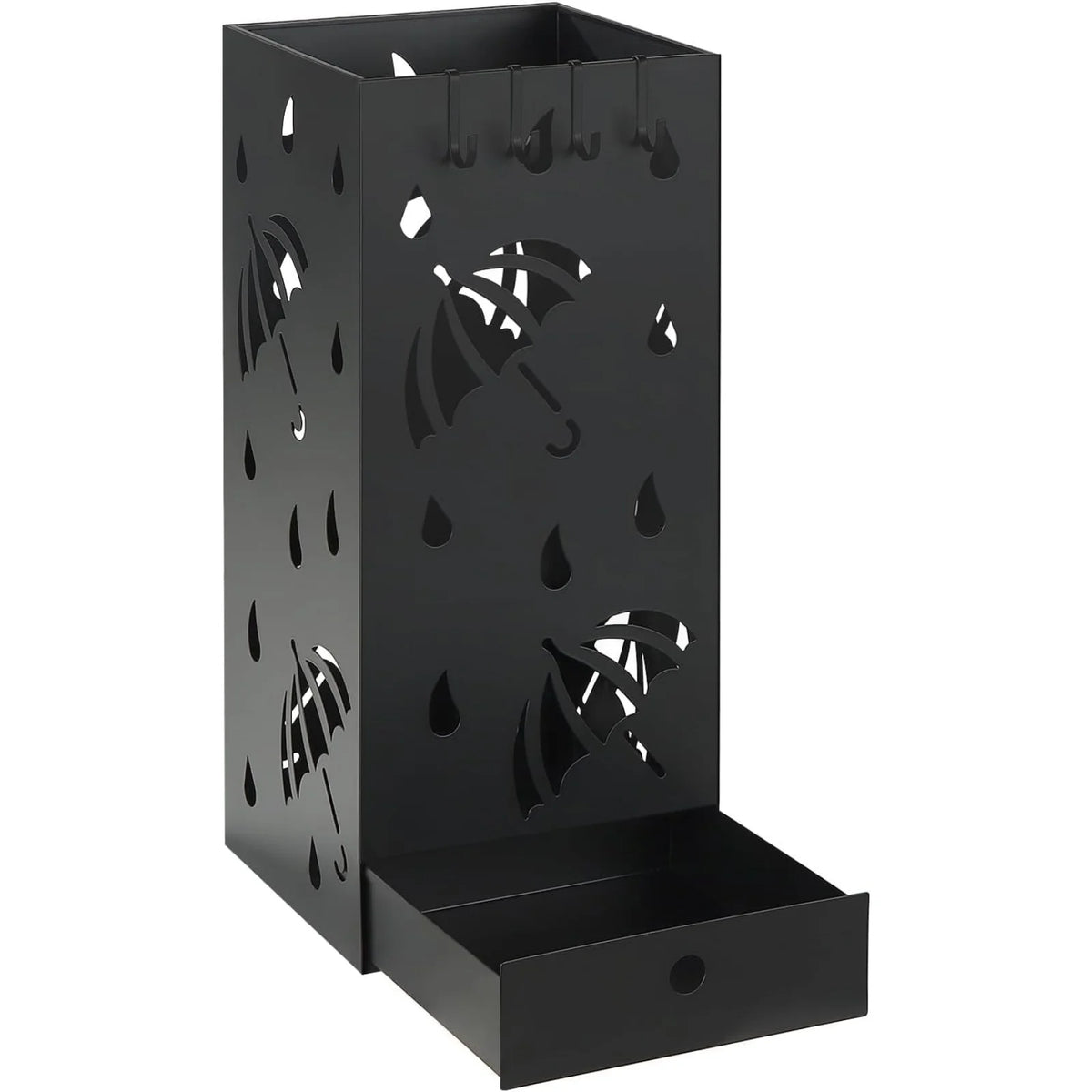Paraplubak met lekbak – Vierkant metaal – 4 haken – 20 × 20 × 49 cm