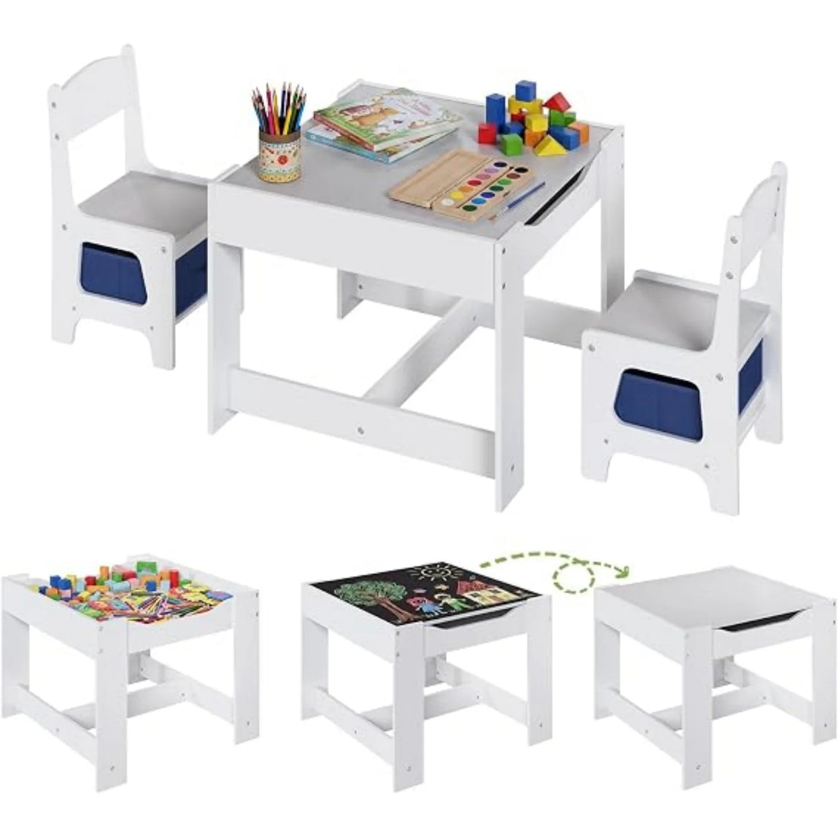 Witte kindertafel met twee stoelen en blauwe opbergvakken, met verschillende standen van het tafelblad