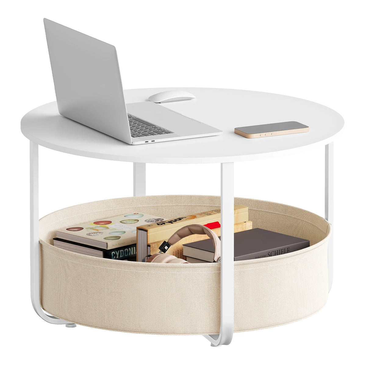 WOLTU Round Side Table Coffee Table with Storage Basket Small Side Table Metal Frame 80cm Diameter Suitable for Living Rooms Sofas Modern Style