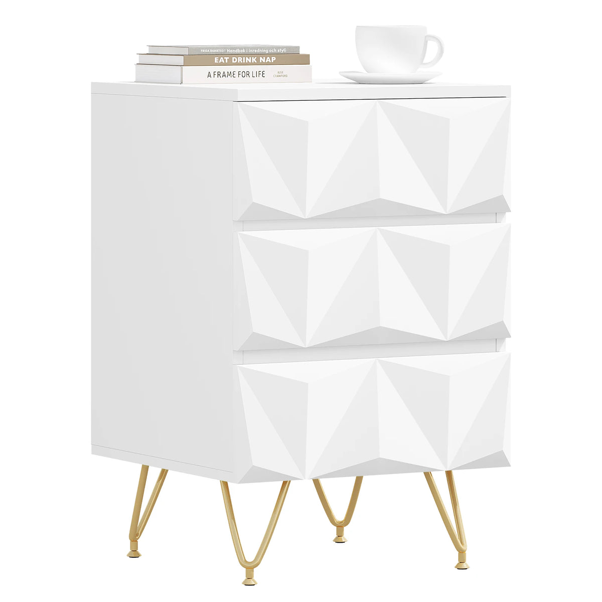 EUGAD 1PC White Bedside Table with 2/3 Drawers 3D Effect Nightstand Storage Cabinet Organizer for Bedroom Living Room Home Decor