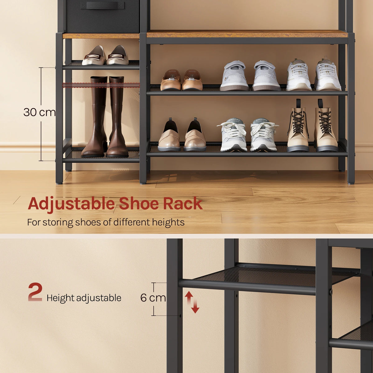 WOLTU Open Wardrobe with Shoe Rack and 2 Drawers Metal Frame Freestanding Coat Rack with Mirror 9 Hooks for Bedroom Hallway 100×30×180cm