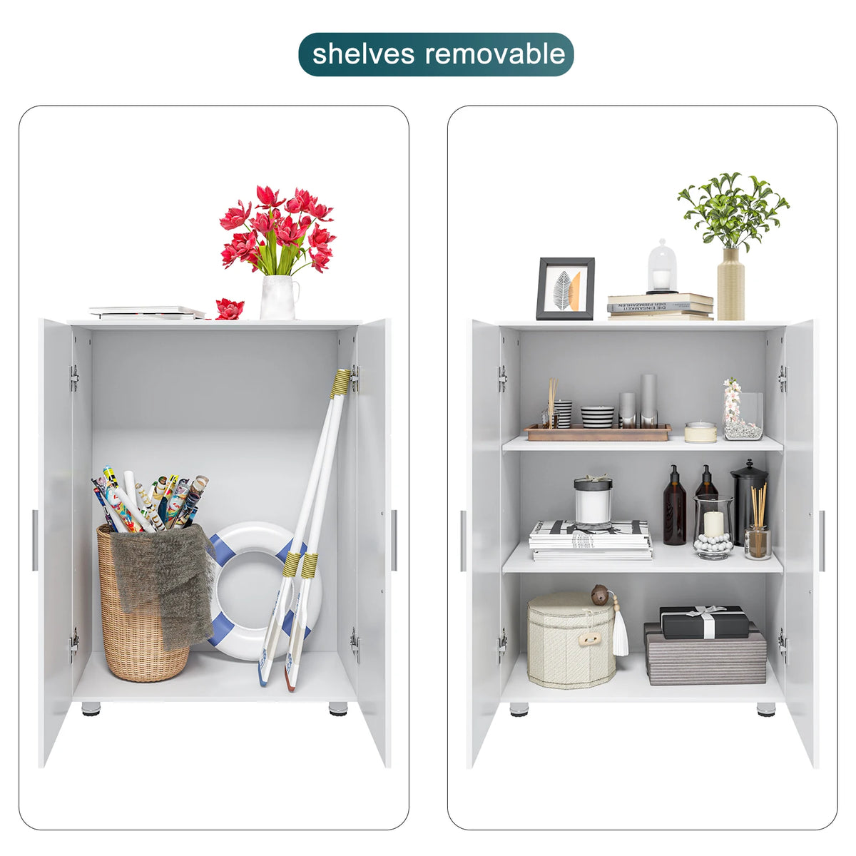 EUGAD White Bathroom Cabinet with Adjustable Shelves 2 Doors 3 Compartments Storage Cupboard Free Standing Entryway Cabinet