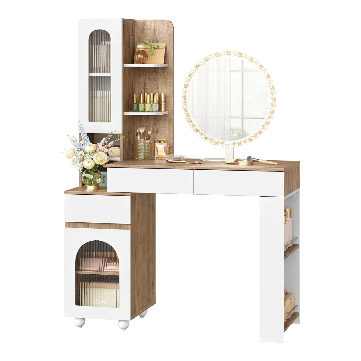 WOLTU Makeup Vanity with LED Mirror and 3 Drawers Dressing Table with 2 Cabinets Light Oak Elegant Style Dressers for Bedroom