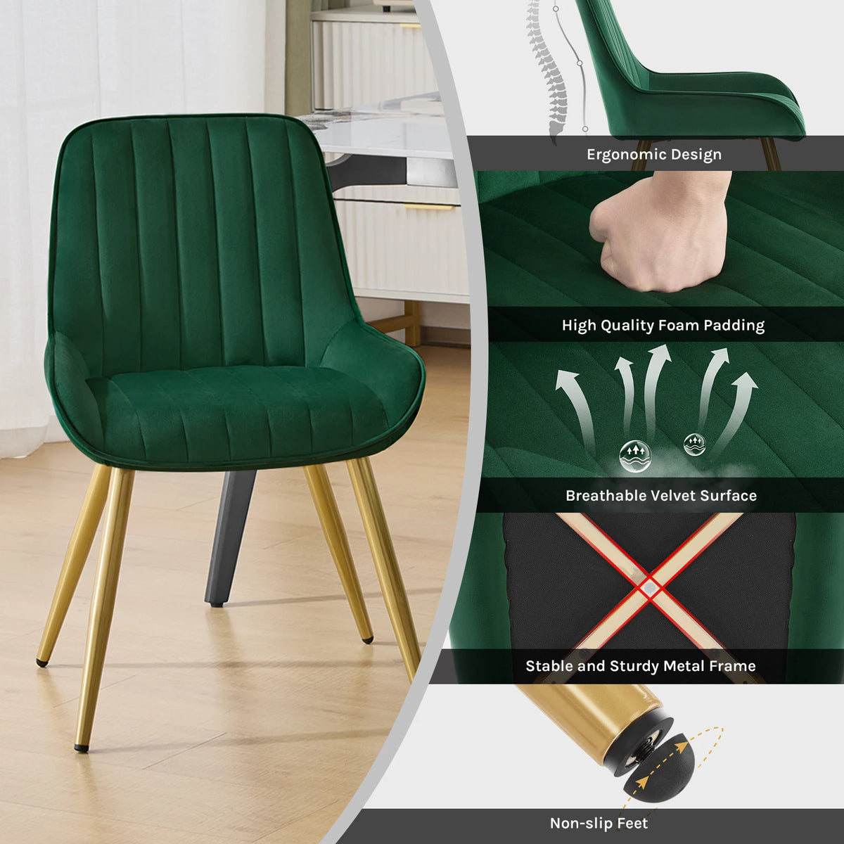 2PCS/SET Velvet Dining Chairs Kitchen Chairs with Low Armrests Backrest Ergonomic for Living Room Bedroom Office Load Capacity 150 kg