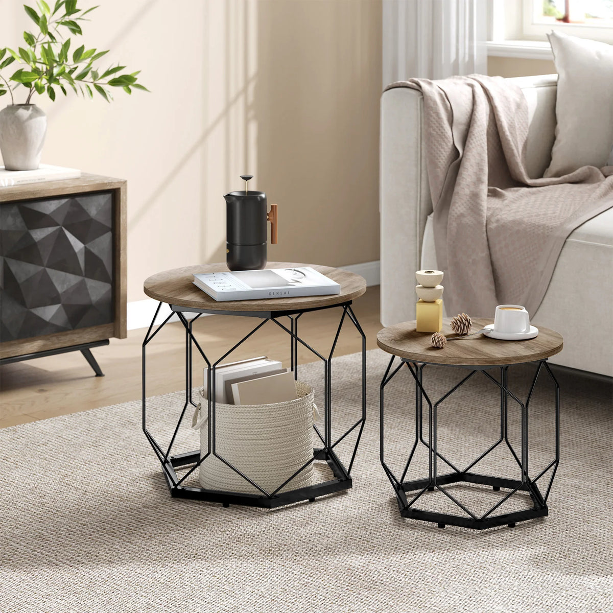WOLTU 2PCS Round Coffee Tables Living Room Table Modern Side Table with Storage Space Metal Frame Wood Sofa Table for Apartment