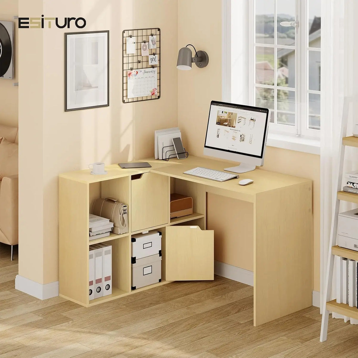 EUGAD L-Shape Computer Office Desk with Shelves Bookcase 118x100x75cm Corner Work Study Writing Table