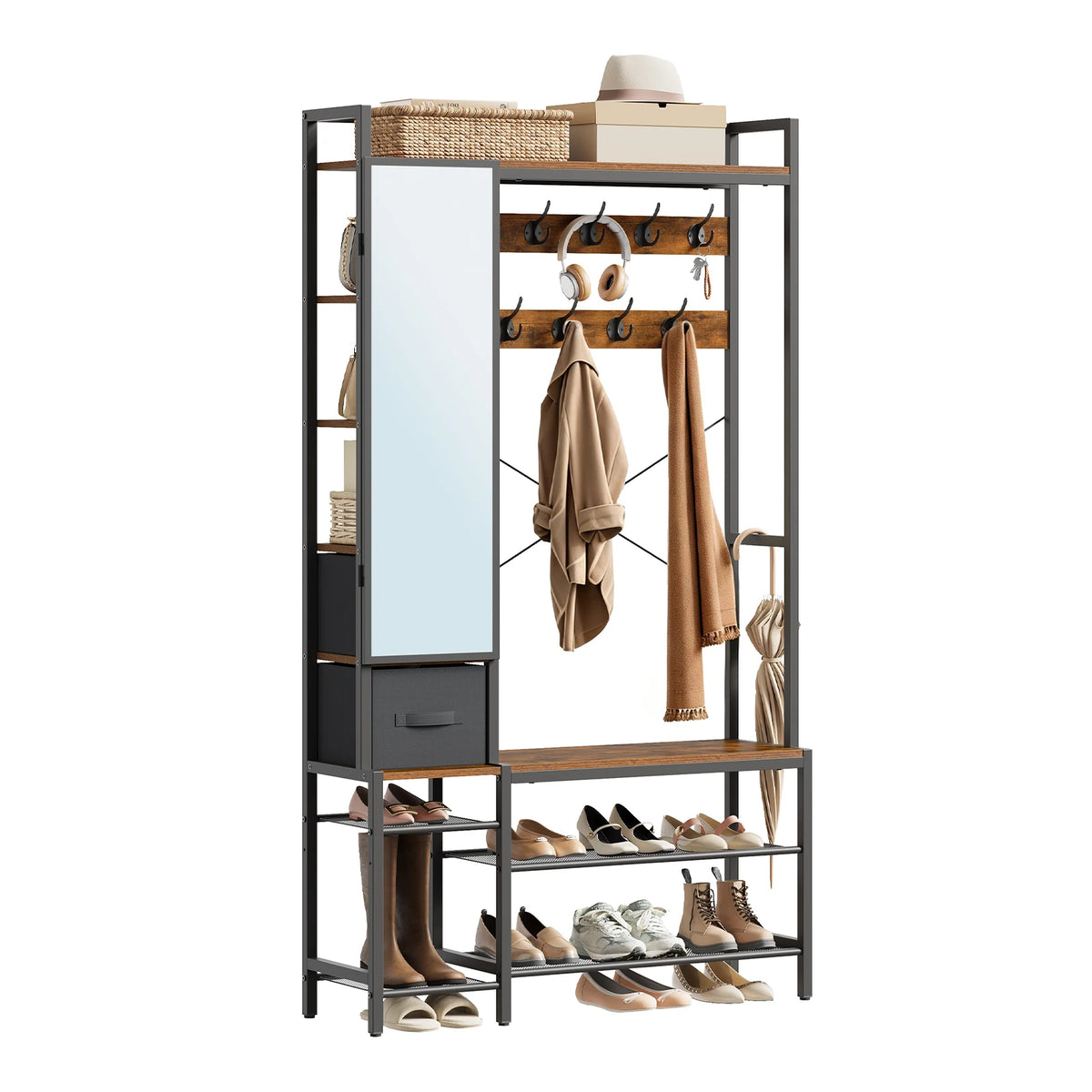 WOLTU Open Wardrobe with Shoe Rack and 2 Drawers Metal Frame Freestanding Coat Rack with Mirror 9 Hooks for Bedroom Hallway 100×30×180cm