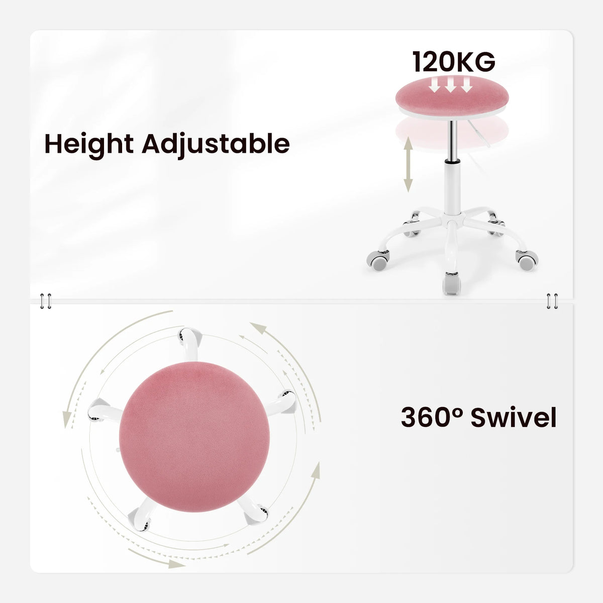 Eugad 360° Swivel Adjustable Height Office Makeup Chair with Wheels 45-57.5cm Upholstered Round Bar Stool Multipurpose Space Saving