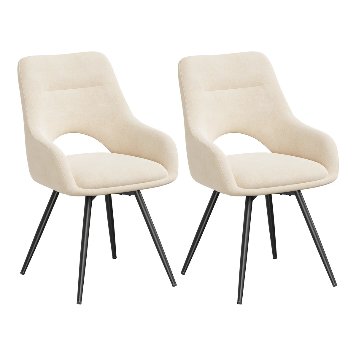 Twee beige draaibare eetkamerstoelen met gebogen armleuningen en zwarte metalen poten
