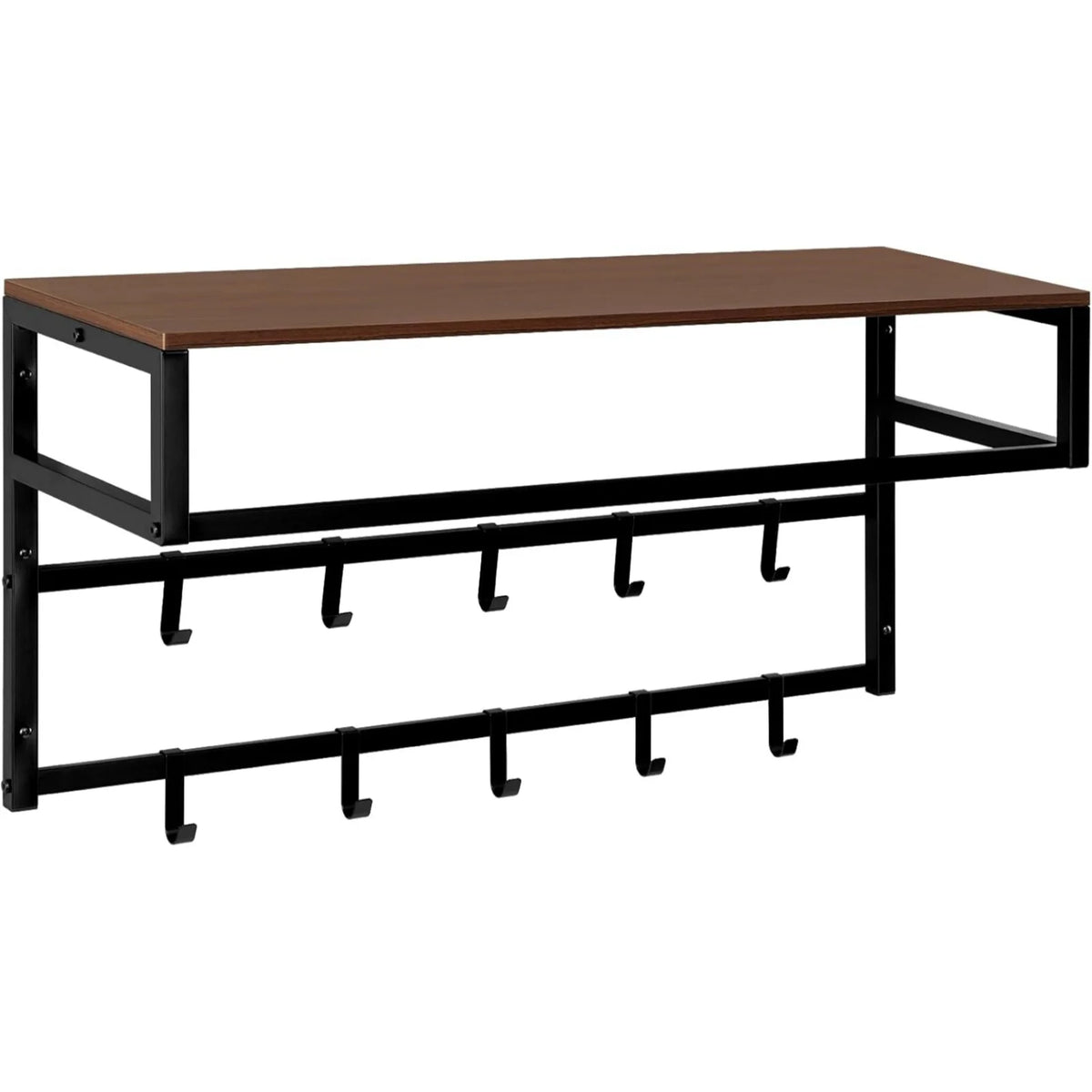 Wandkapstok met plank – 10 haken en kledingroede – Zwart en rustiek bruin – 80 cm breed