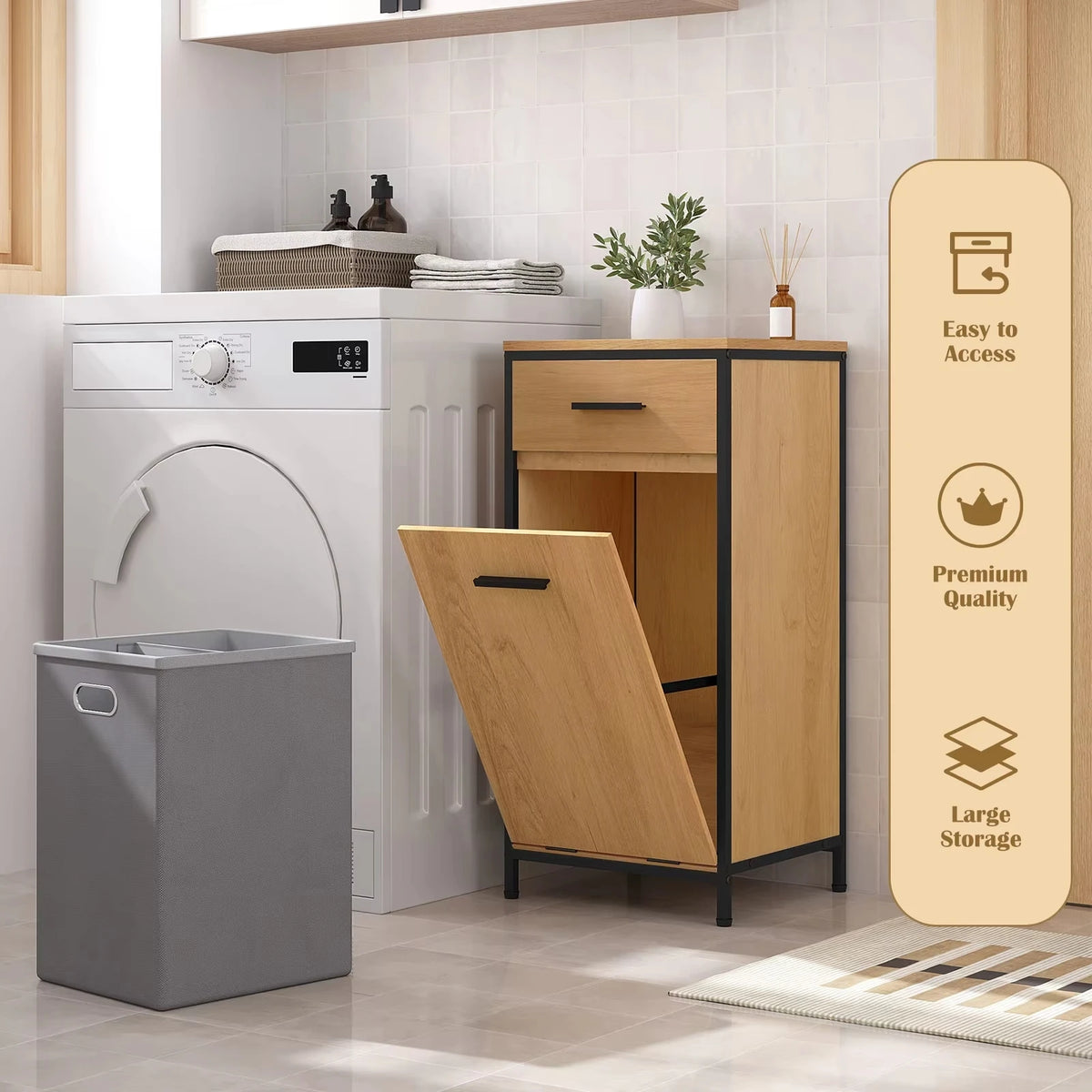 EUGAD Bathroom Cabinet 38x80x34cm Narrow Toilet Side Cabinet with 2 Drawers Foldable Laundry Bag Laundry Cupboard Bathroom Organizers