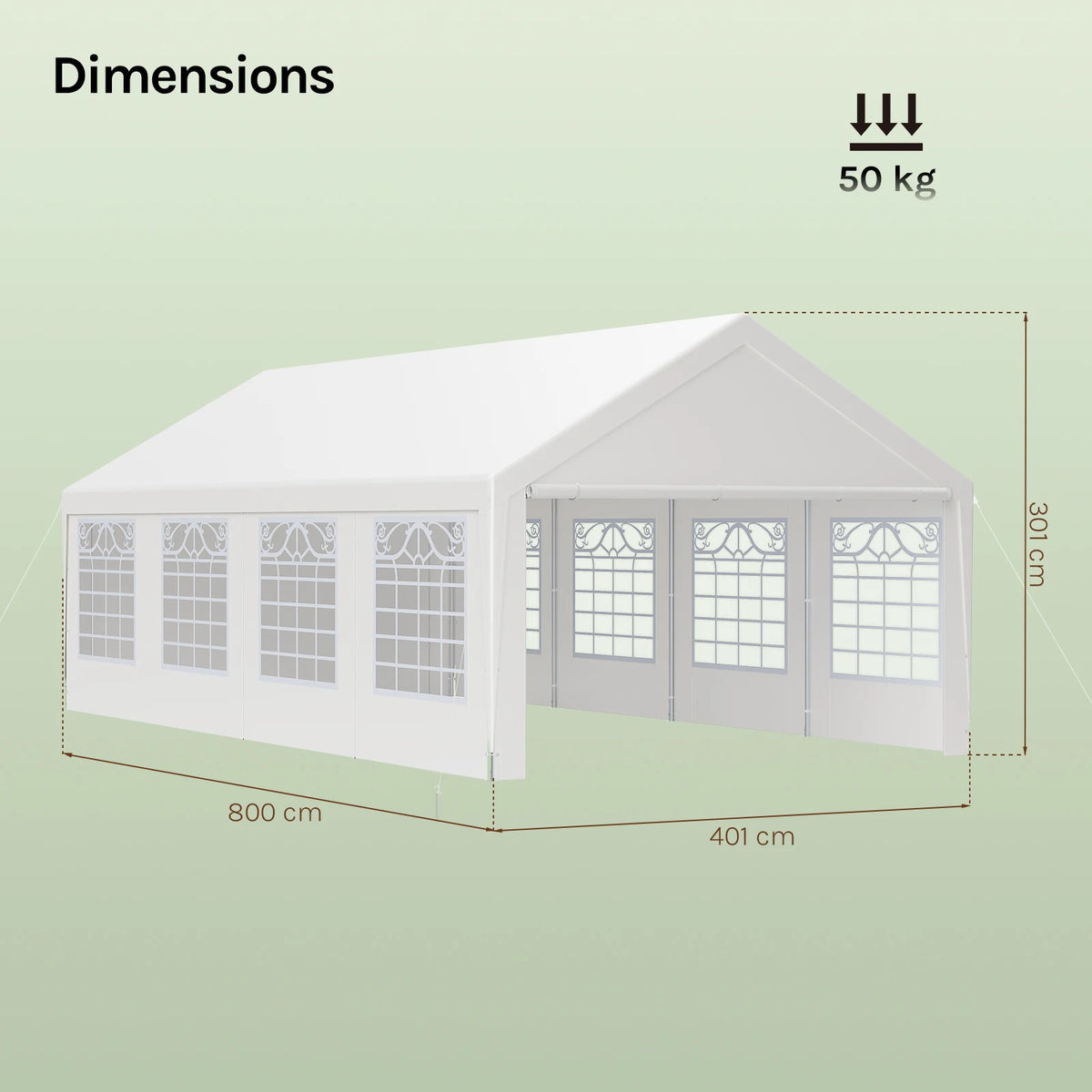 Maattekening van de witte partytent van 4 x 8 m: 401 cm breed, 800 cm lang en 301 cm hoog