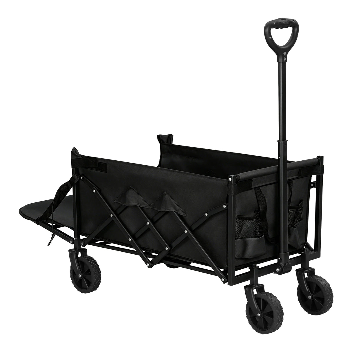 BukkitBow opvouwbare bolderkar met verlengbare achterklep en 110L capaciteit, zwart, op een vlakke ondergrond.