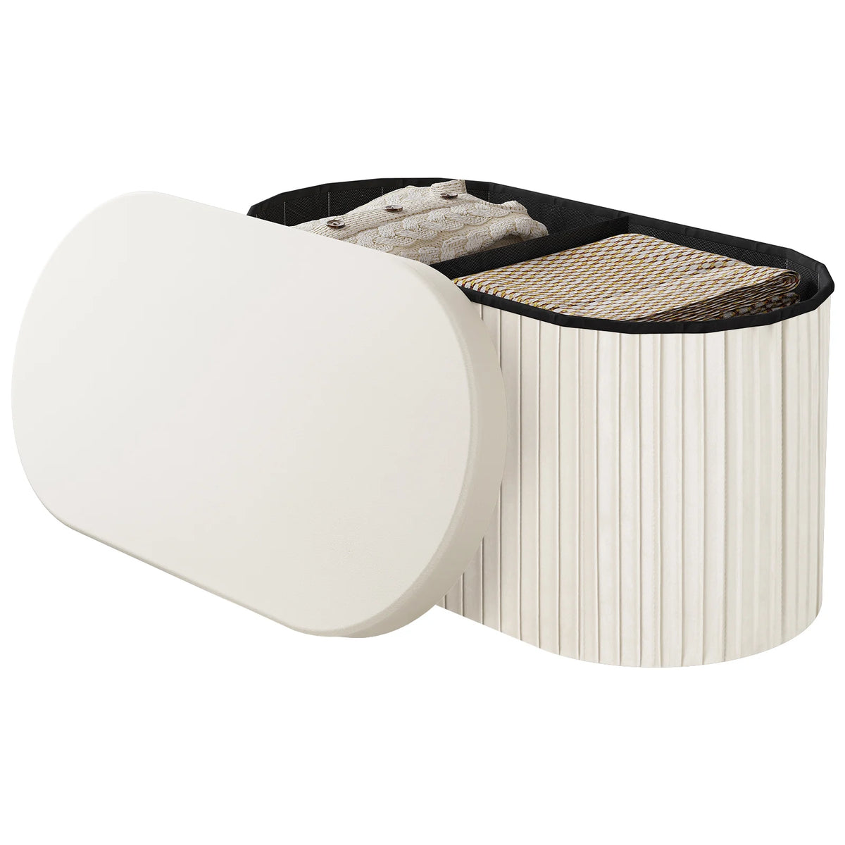 WOLTU Velvet Footstool Round Ottoman MDF Foldable Storage Stool with Creative Storage Box Removable Padded Lid for Living Room