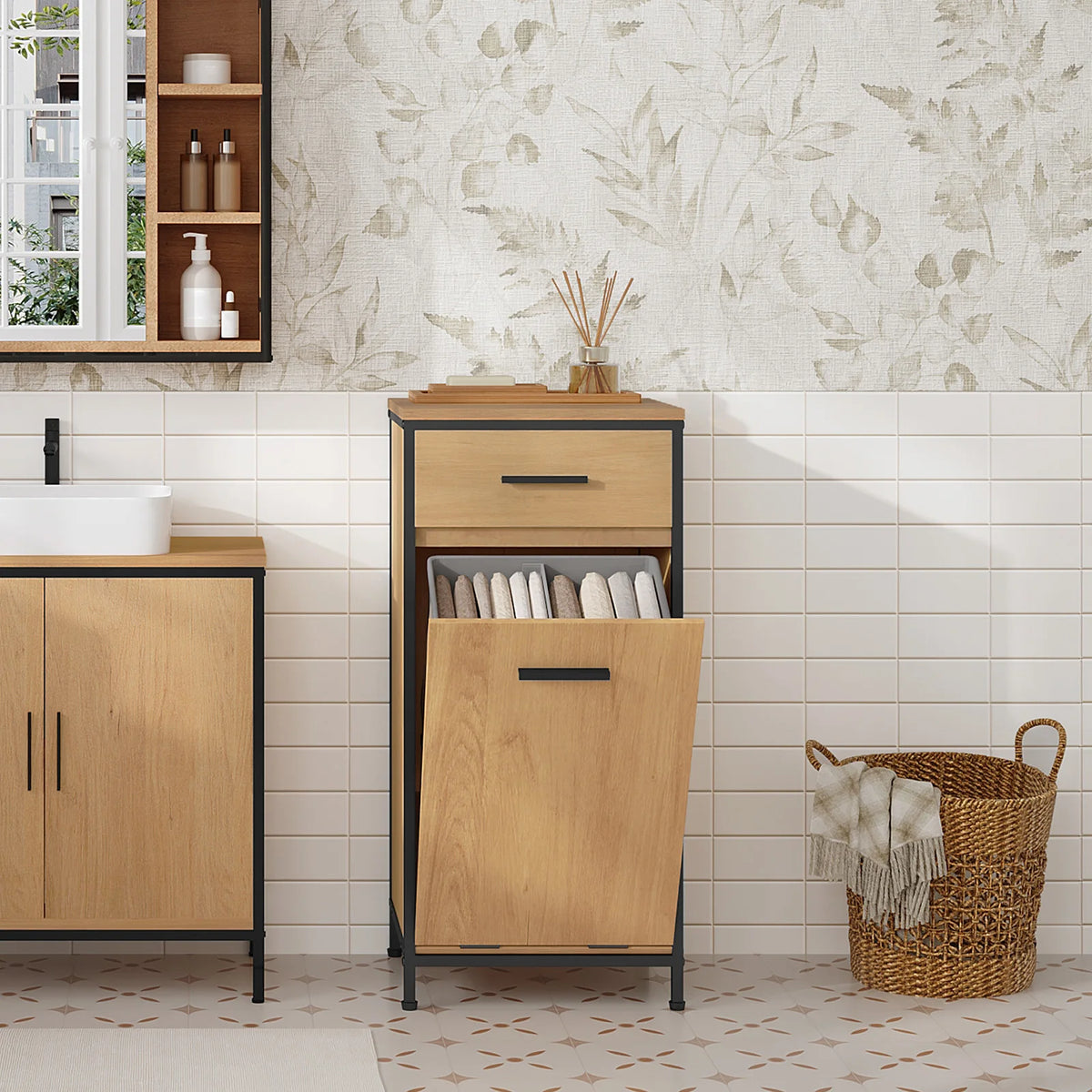 EUGAD Bathroom Cabinet 38x80x34cm Narrow Toilet Side Cabinet with 2 Drawers Foldable Laundry Bag Laundry Cupboard Bathroom Organizers