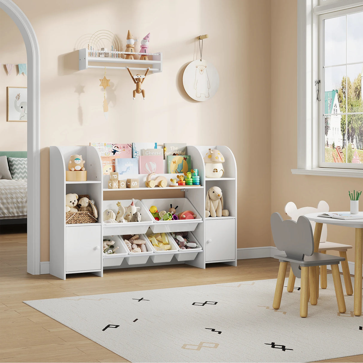 BukkitBow kinderboekenkast met 6 opbergbakken en deurtjes, Montessori speelgoedkast voor kinderen, zwart-wit design