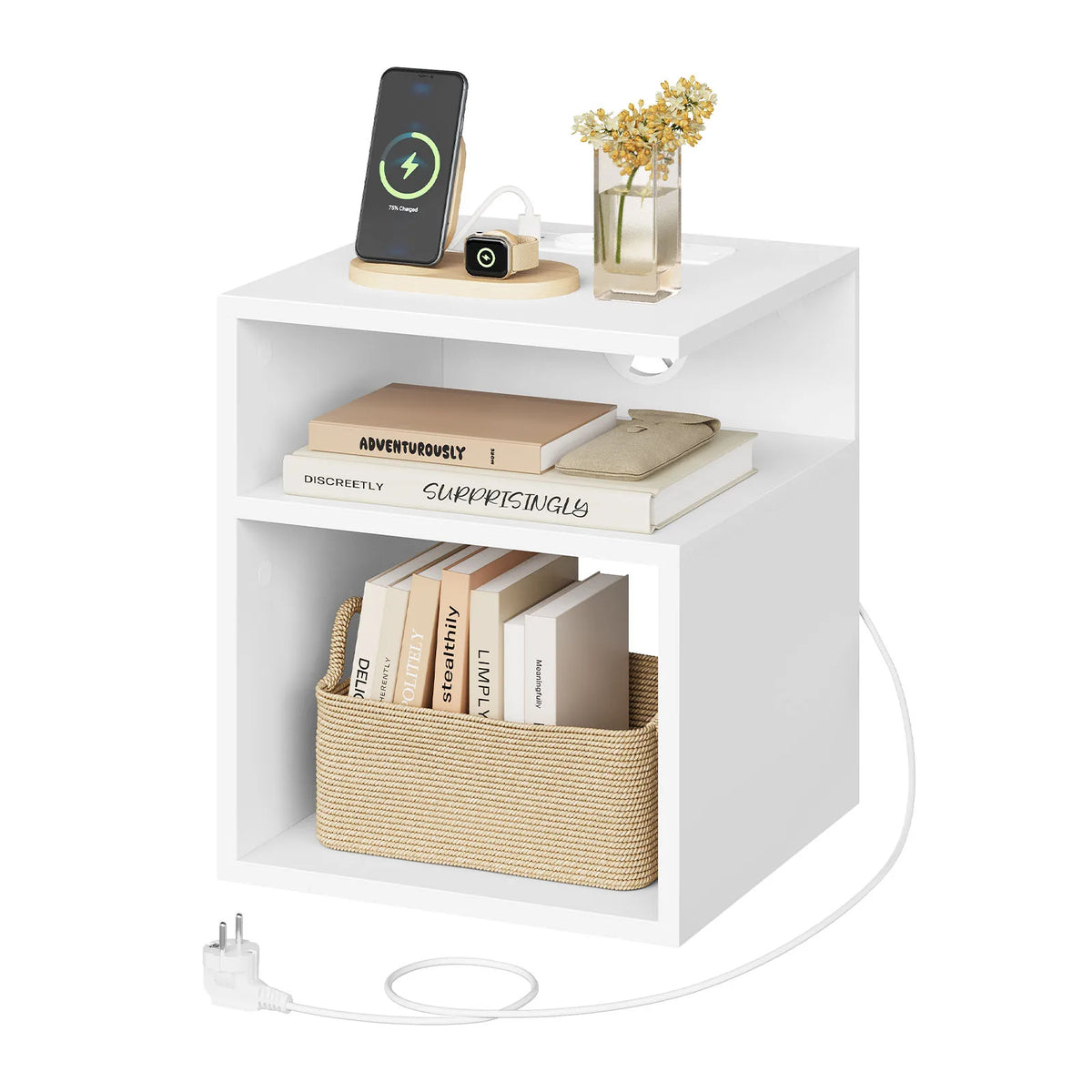 EUGAD Nightstand Bedside Table with Built-In Socket USB and Type-C Ports 2 Open Compartments for Bedroom Living Room