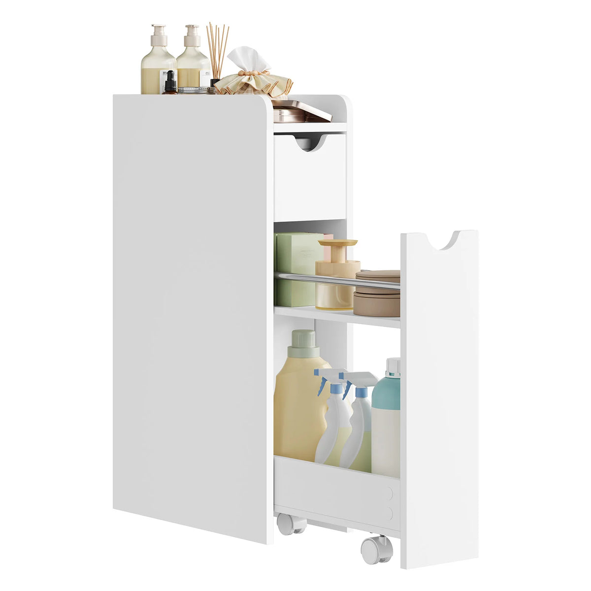 EUGAD White Narrow Bathroom Cabinet with Wheels Space-Saving Storage for Small Spaces 2 Roll-Out Drawers & Anti-Tip Design