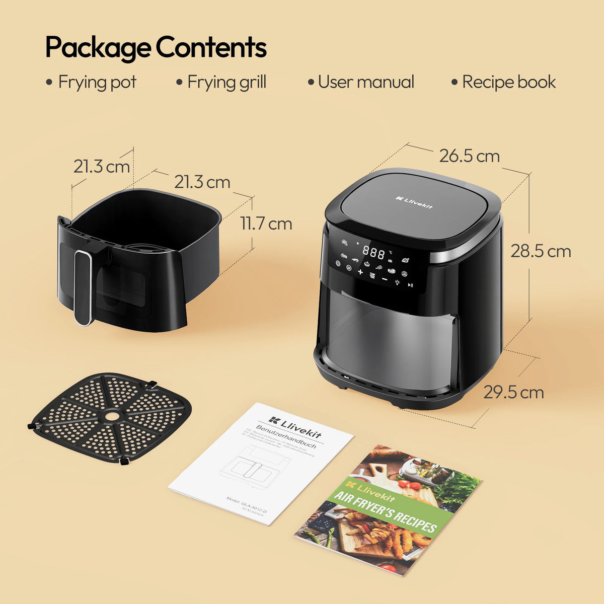 LLIVEKIT 5.5 L Air Fryer with Keep Warm Function 7 Cooking Programmes Viewing Window Interior Light Energy Efficient Oil Free for Kitchen
