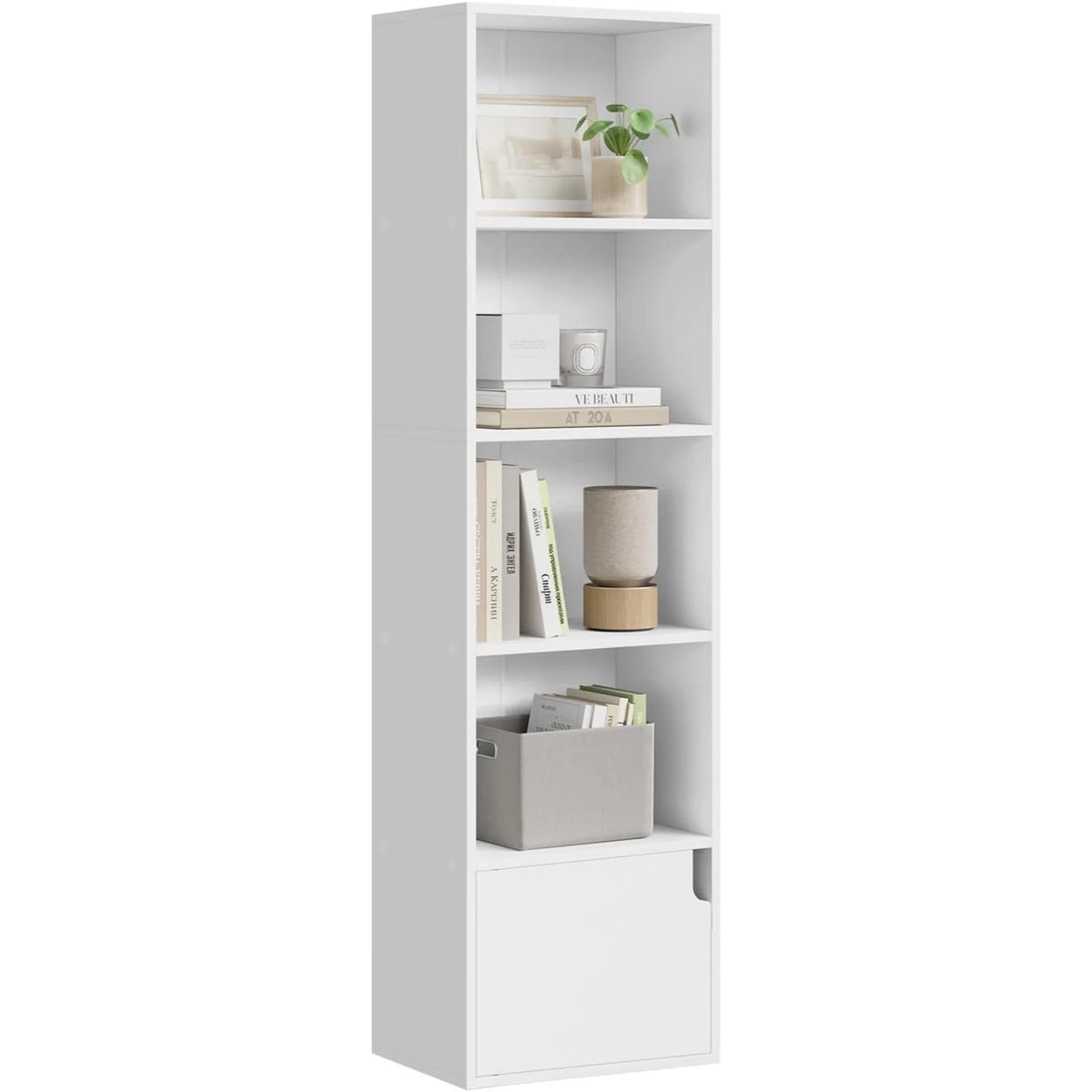 Bookcase Narrow Standing Shelf with 5 Compartments Door Wooden Shelf for Living Room Office Bedroom 34 X 24 X 132 cm