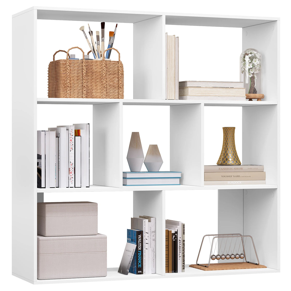 White Bookcase with 7 Compartments Office Cube Storage Shelf 100x100x30cm Room Divider for Living Room Bedroom
