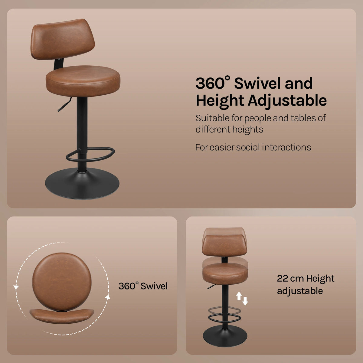 WOLTU 2PCS Kitchen High Stools Height Adjustable Counter Stools 360° Rotatable Bar Stools with Backrest and Footrest Stools for Kitchen Bar Restaurant