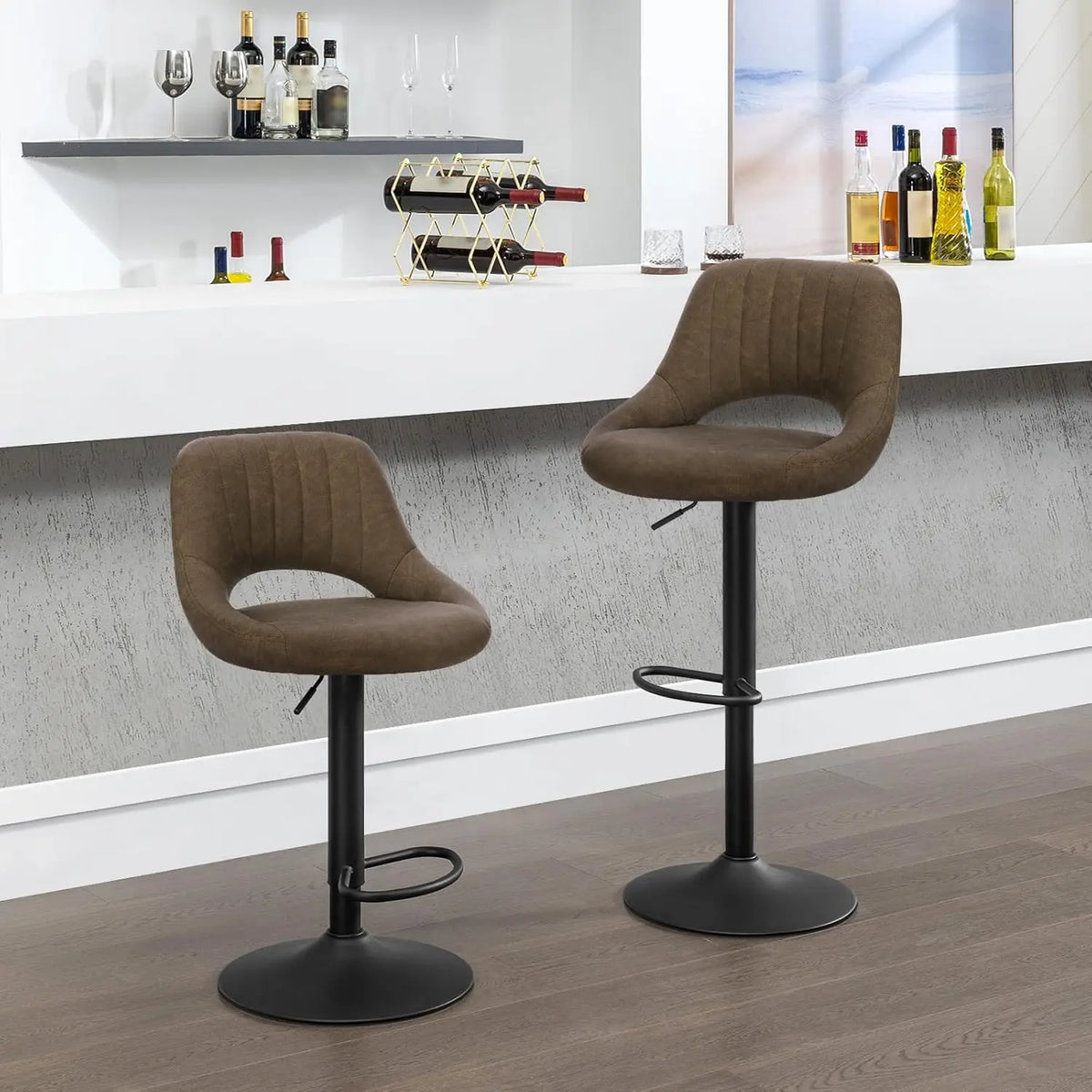 Eugad 2PCs/SET Height-Adjustable Faux Leather Bar Stools with Backrest 360° Rotatable Swivel Lifting Kitchen Bistro Stool Home Decor
