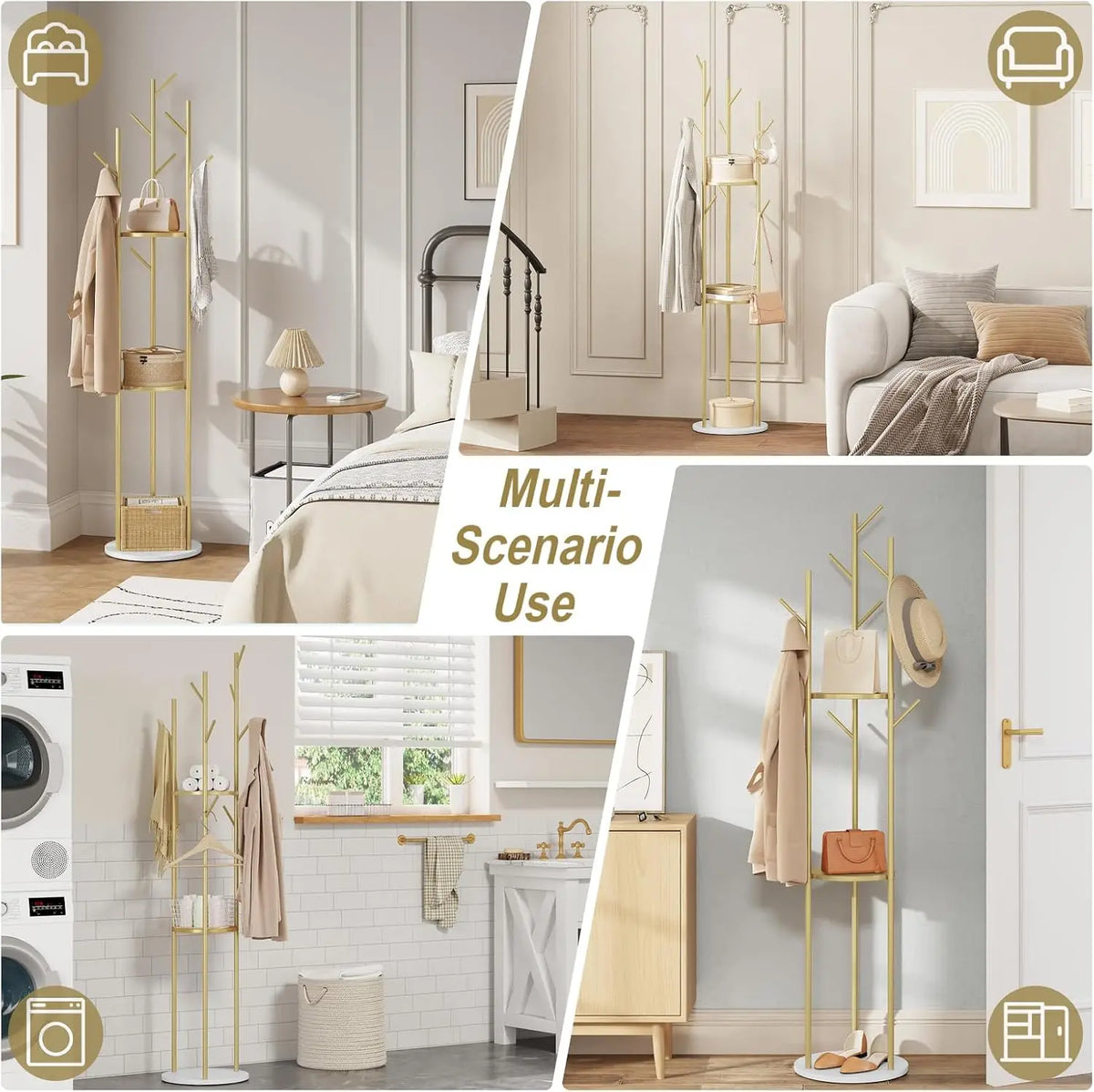 Standing Metal Tree Shape Clothes Rack Coat Rack with Marble Base 3 Shelves and 9 Hooks for Clothes Bags Hats