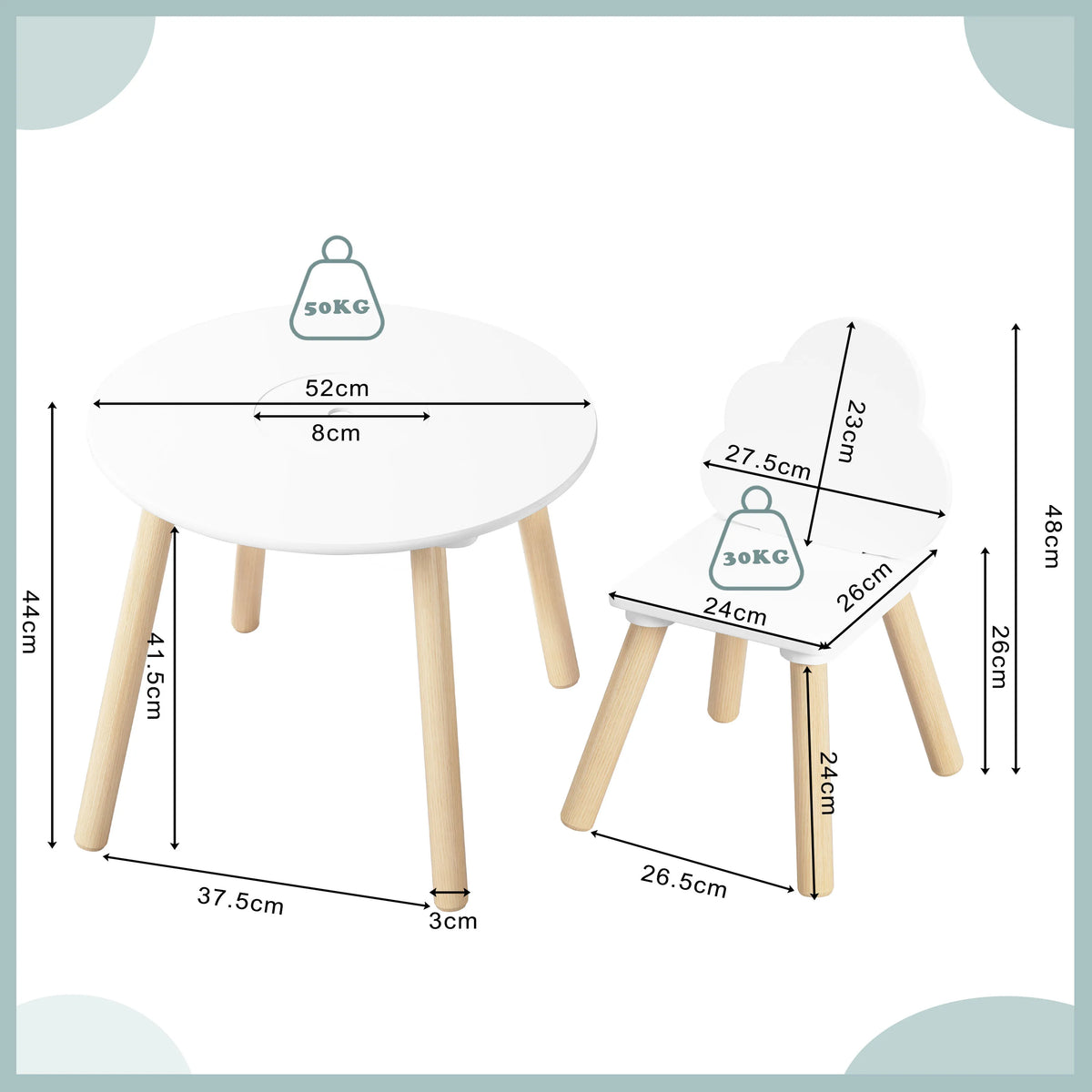 WOLTU Children's Table with 2 Chairs Cloud Backrest Solid Wood Legs for Toddlers Preschoolers Reading Food Storage