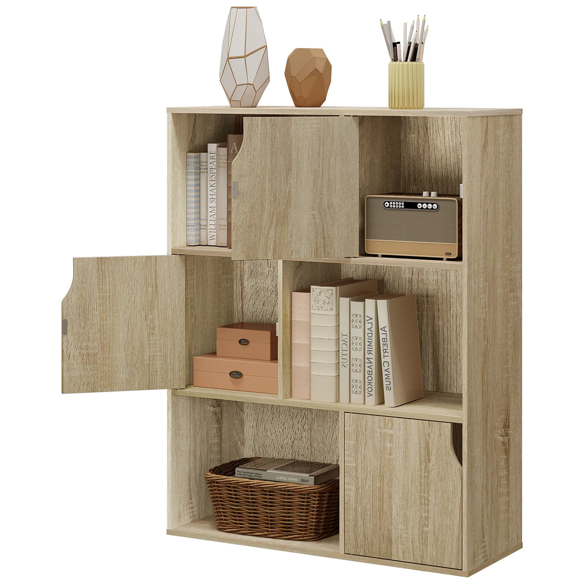 White/Light Oak Bookcase Bookshelf Standing Shelf with 6 Cubes Storage Organizer for Room Divider Office Study Living Room