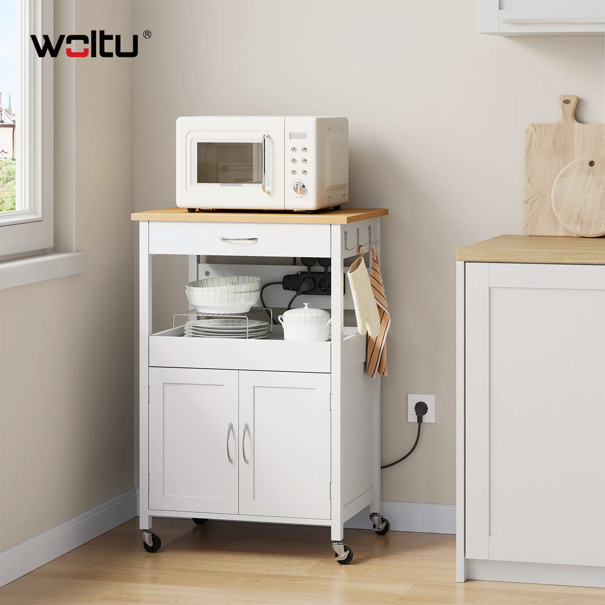 WOLTU Kitchen Trolley with Sockets Kitchen Island with Worktop and 2 Doors Sideboard on Rollers for Dining Room Kitchen Carts 60x92x45cm
