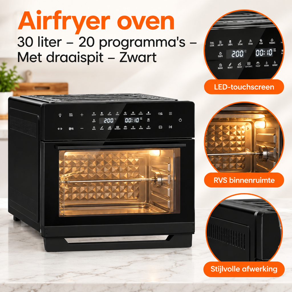 Detail van materiaal en afwerking van airfryer oven 30 liter