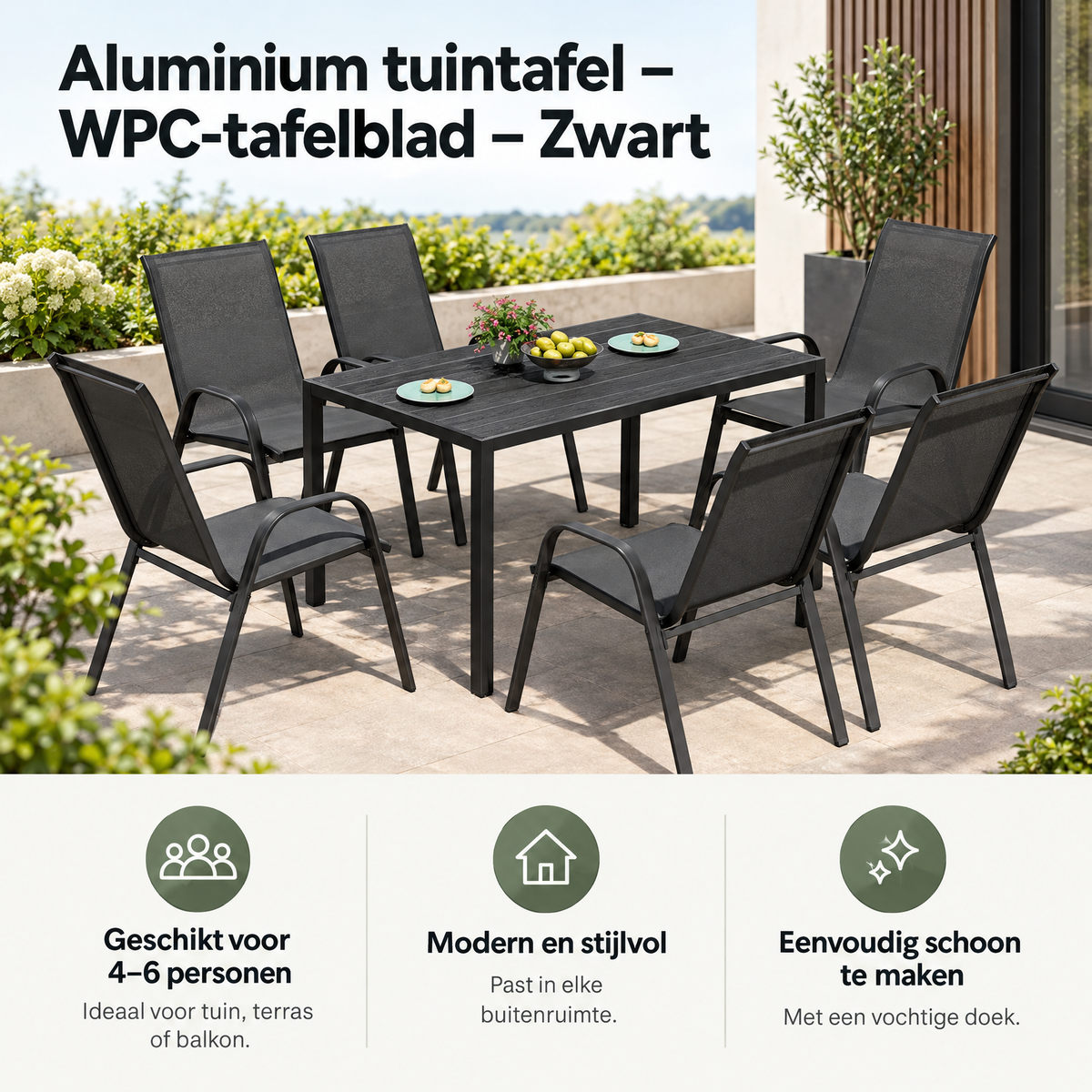 Zwarte aluminium tuintafel met WPC-tafelblad van BukkitBow, geschikt voor buitengebruik en moderne tuinmeubels.