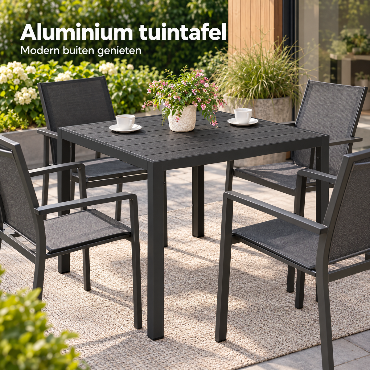 Zwarte aluminium tuintafel met WPC-tafelblad, geschikt voor buiten, door BukkitBow, in een tuinsetting.