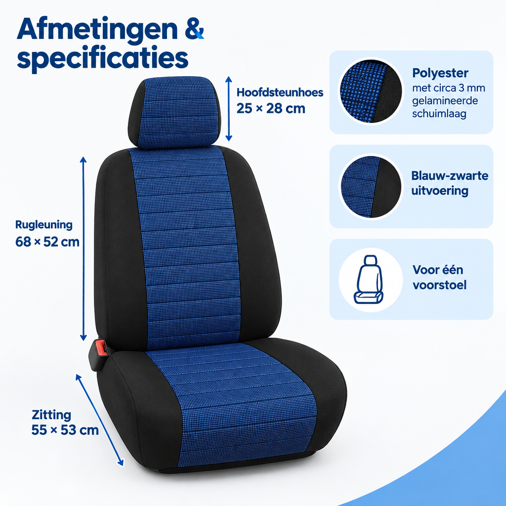 Afmetingen en productspecificaties van autostoelhoes voorstoel