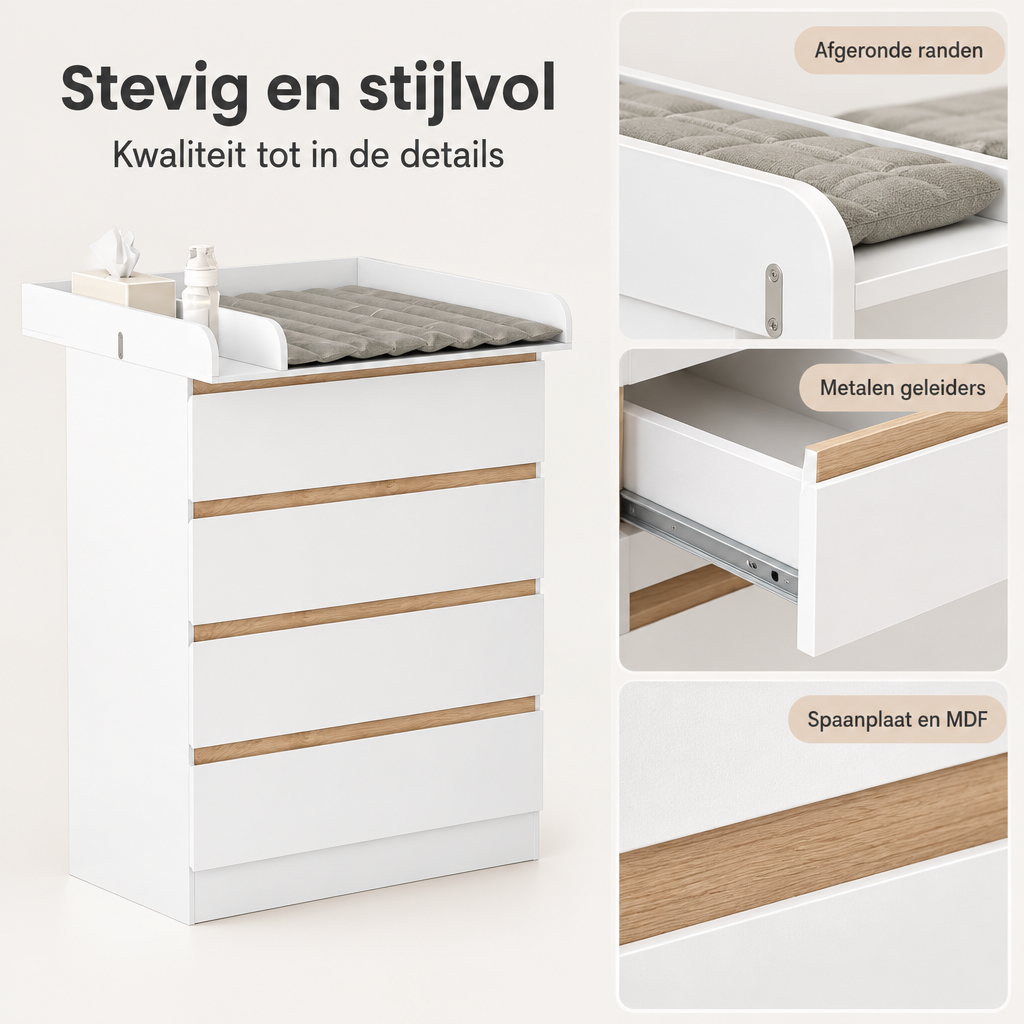 Detail van materiaal en afwerking van babycommode met 4 lades