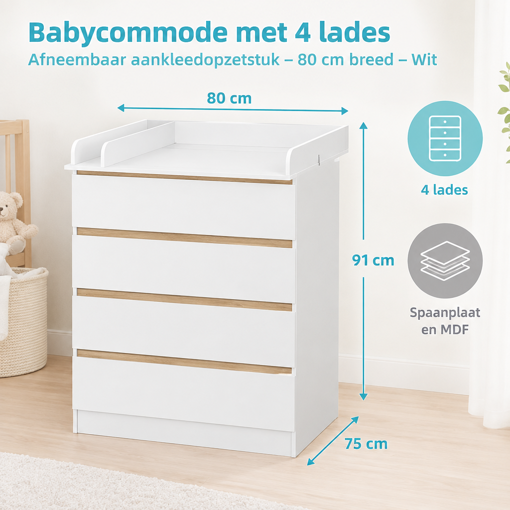 Afmetingen en productspecificaties van babycommode met 4 lades