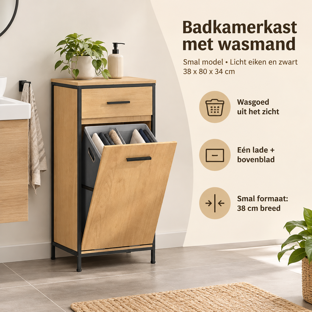 Praktische toepassing en keuzehulp voor badkamerkast met wasmand
