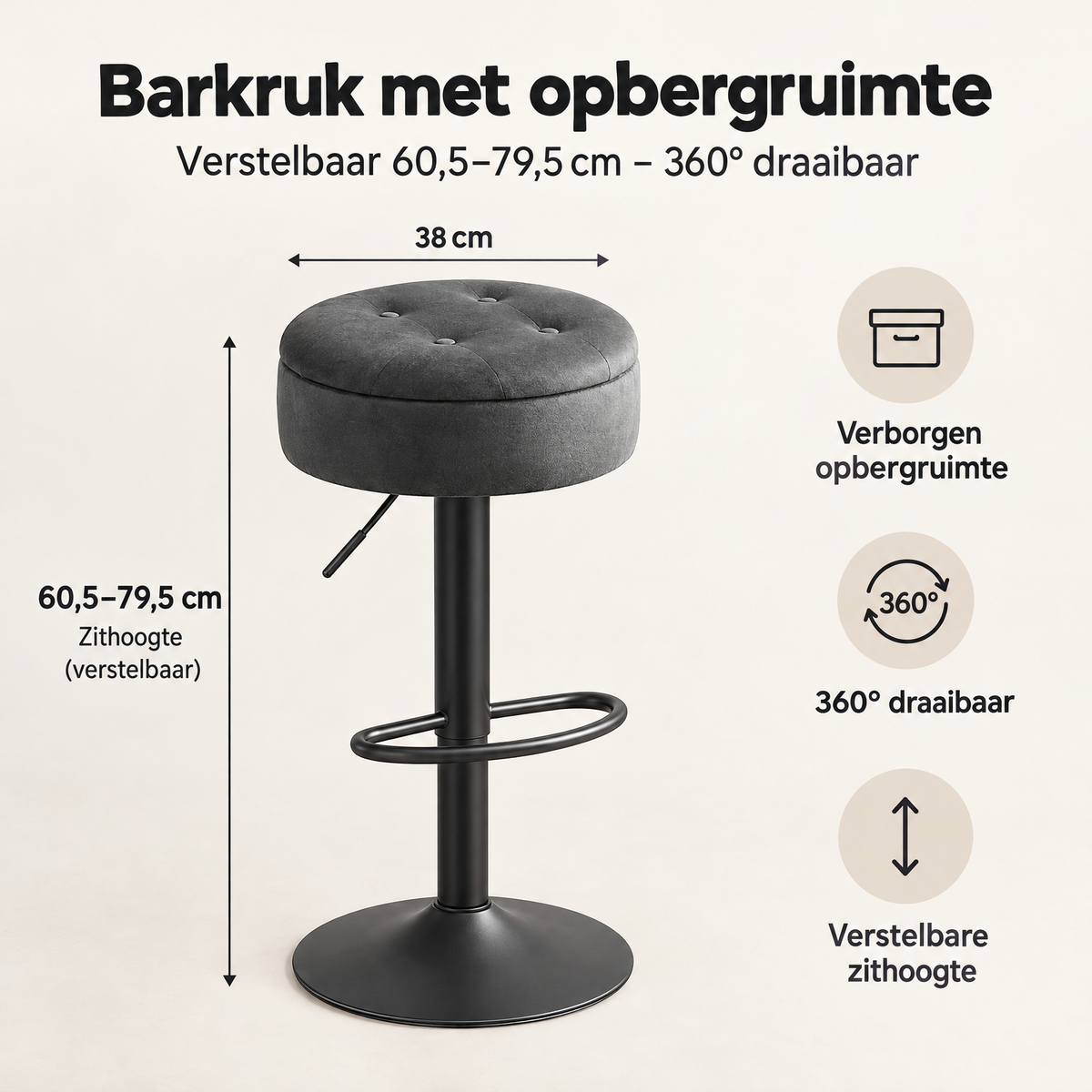 Afmetingen en productspecificaties van barkruk met opbergruimte